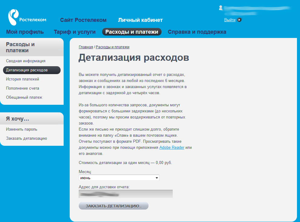 Заказ детализации счета - выбор периода и ввод адреса доставки Заказ детализации счета - выбор периода и ввод адреса доставки